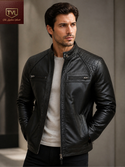 Herren Biker Lederjacke Schwarz – Echtes Leder mit Raute-Steppung